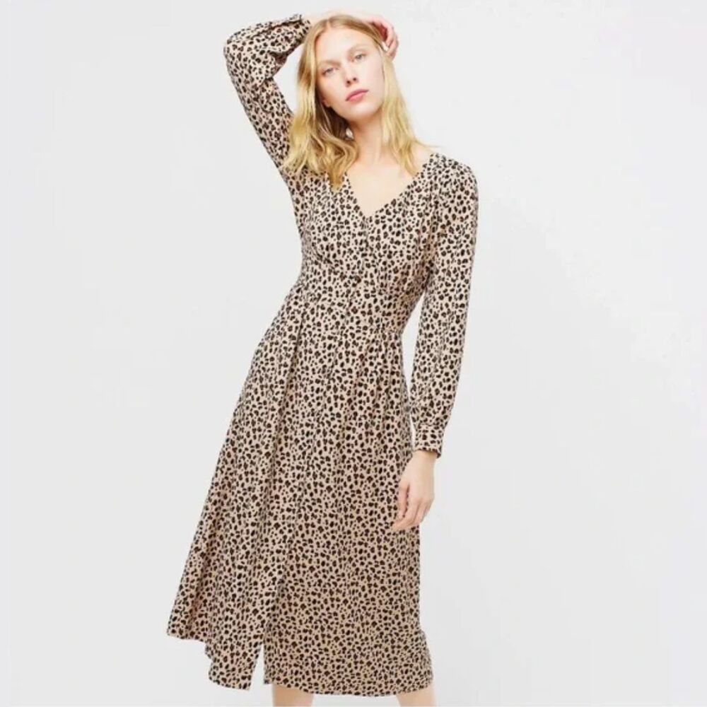 J. Crew Retro Chic Leopard Midi Dress (4) Button-Front A-Line Blouson 30's 40's